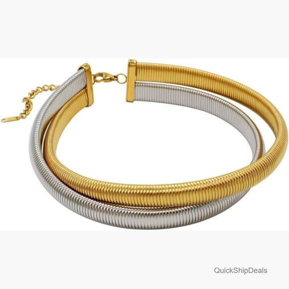 14K Gold Plated Herringbone Chain Choker Necklace, Adjustable Layered - Picture 5 of 5